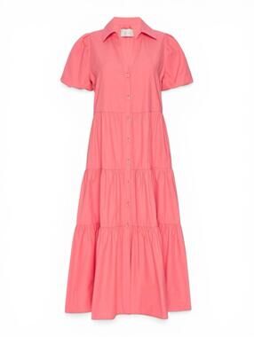 Brochu Walker Havana Midi Dress Women Small Bright Coral Pink Tiered Puff Sleeve
